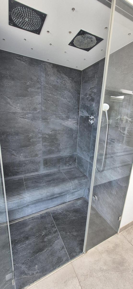 Dusche mit Glaswand, dunklen Fliesen und zwei Duschköpfen an der Decke.