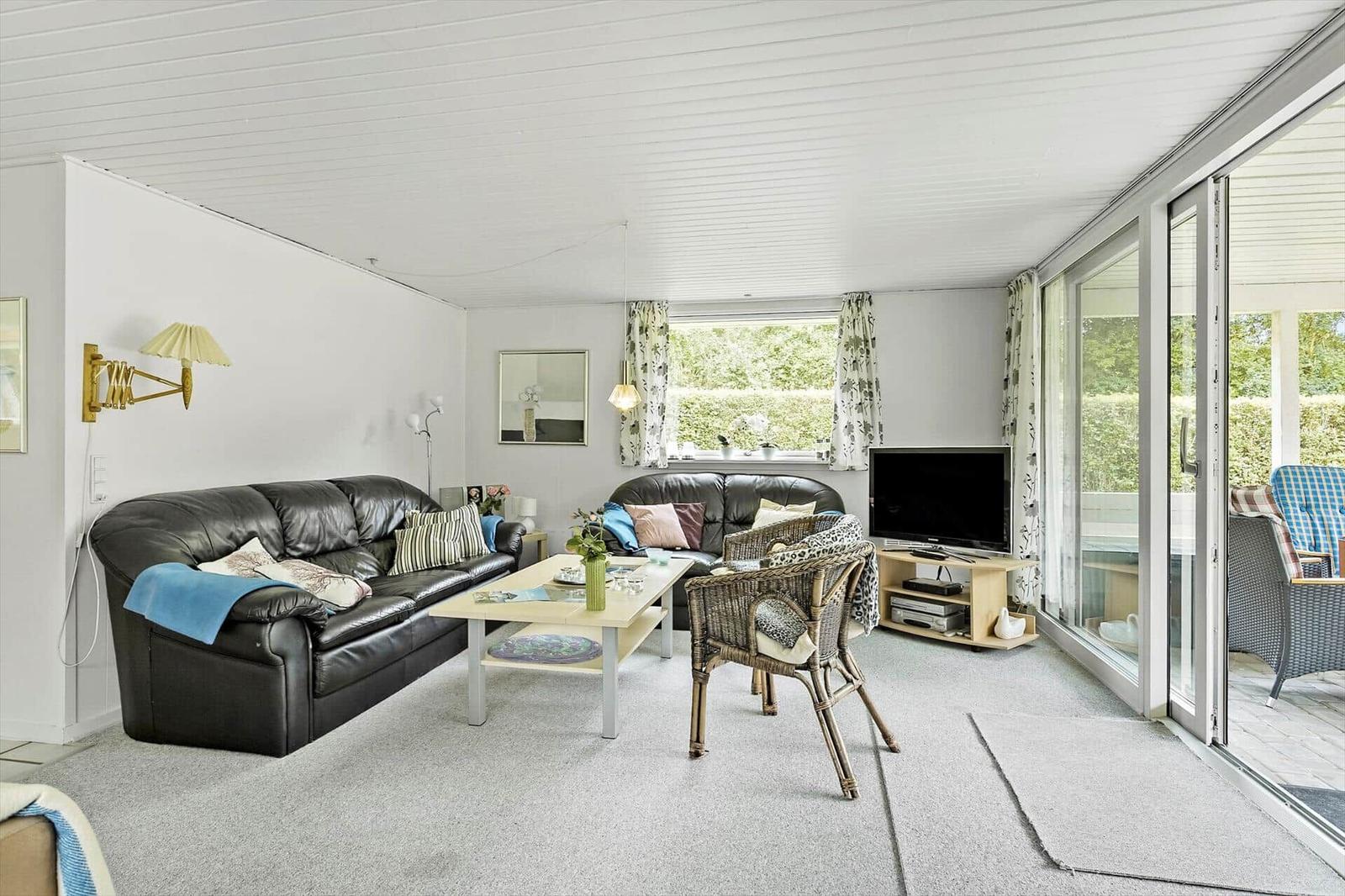 Living room with leather sofa, coffee table, and TV. Access to terrace with garden view.