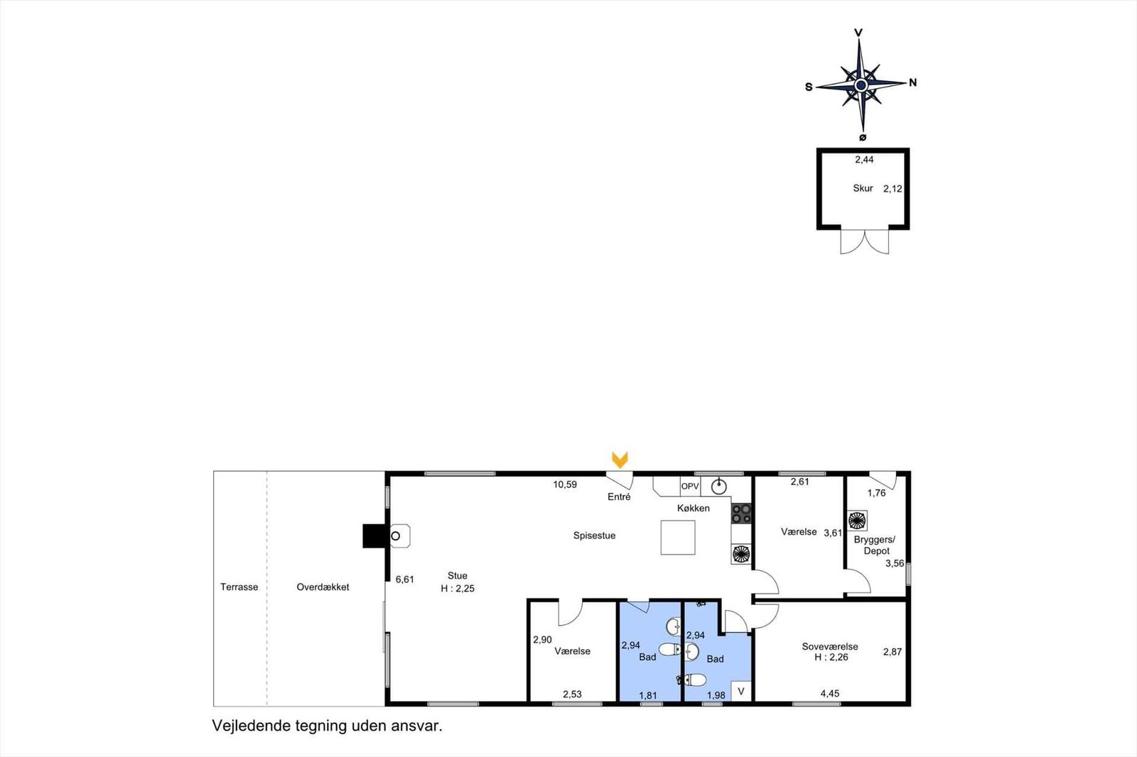Floor plan shows living area with kitchen, bedrooms, bathroom, and terrace.