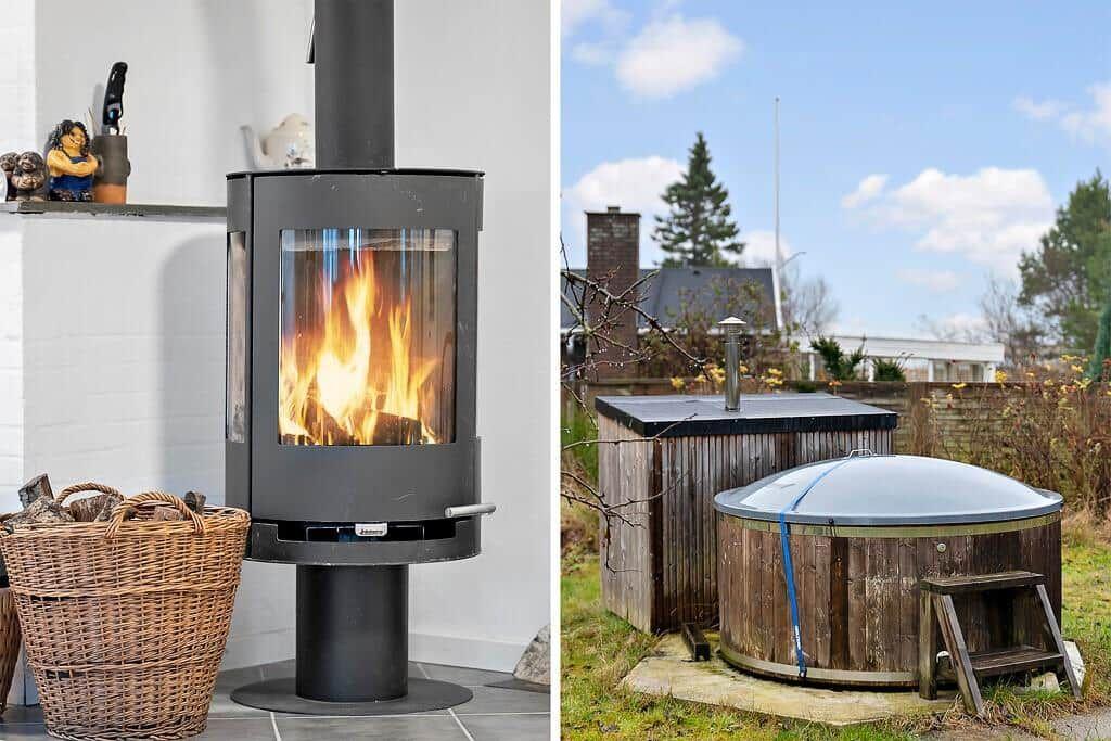 Inside: wood stove with burning fire. Outside: wooden hot tub with cover and bench.