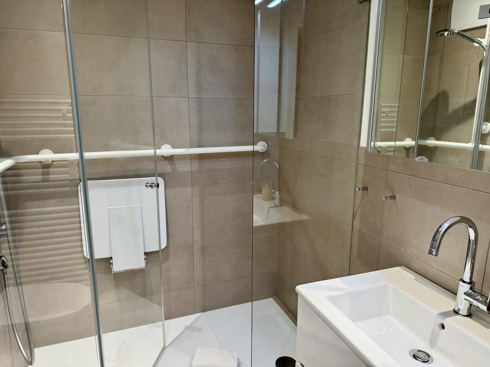 Badezimmer mit Dusche, Waschbecken und Handlauf.