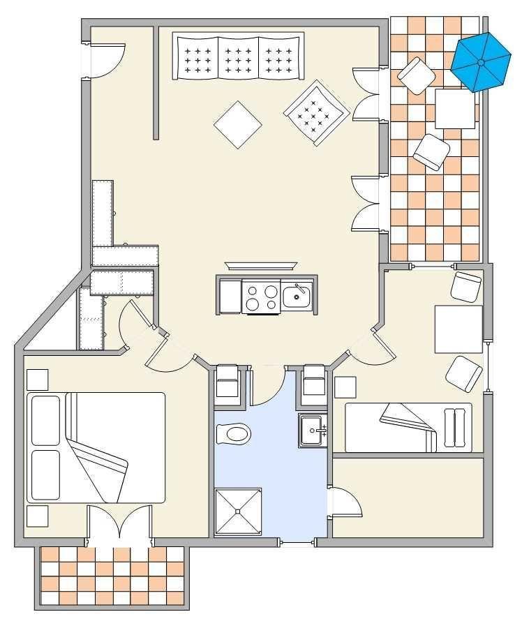 Wohnung mit Küche, Bad, Schlafzimmer und Terrasse mit Sonnenschirm.