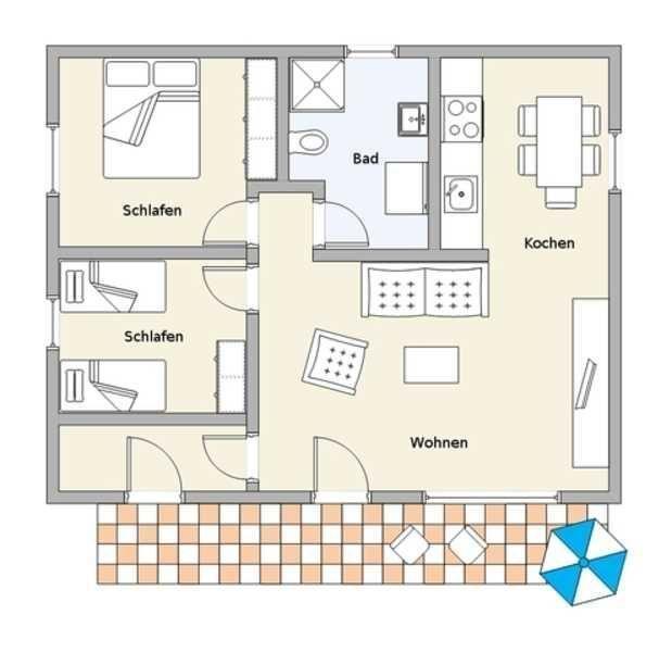 This apartment has two bedrooms, a bathroom, a kitchen, and a living room with terrace.