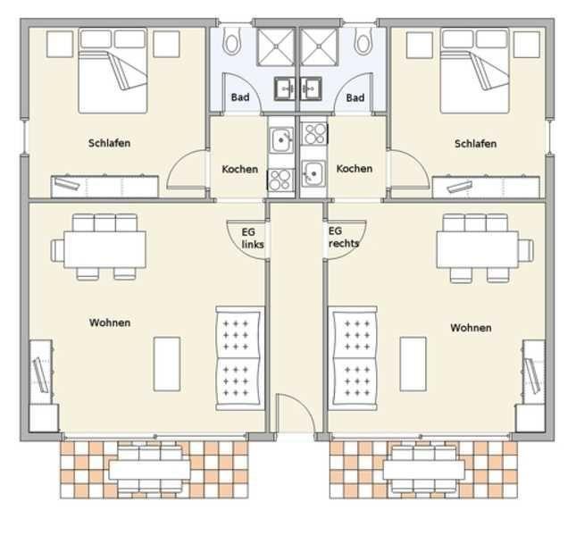 Two-story house with two bedrooms, two bathrooms, and two living areas.