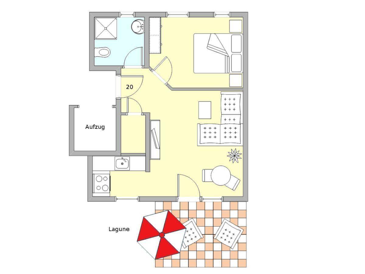 Ein Zimmer mit Bad, Küche und Terrasse mit Sonnenschirm.