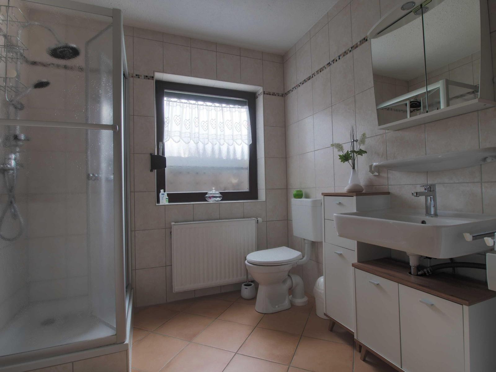 Bathroom with shower, toilet, and sink with mirror.