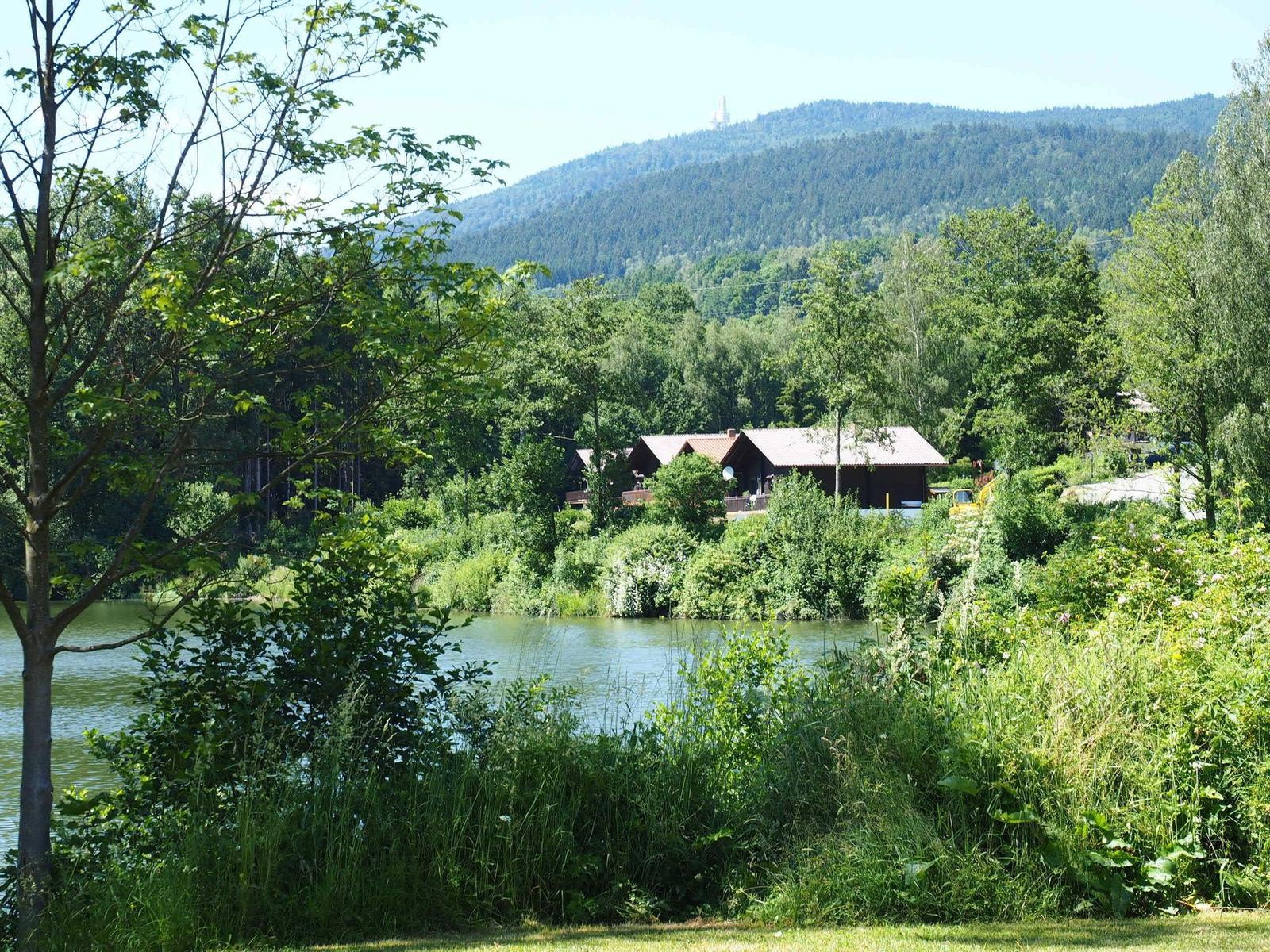 House by the lake with forest and mountain in the background.
