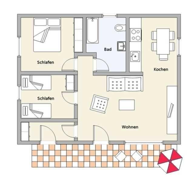 Apartment with kitchen, bathroom, living room, two bedrooms, terrace, and sun umbrella.