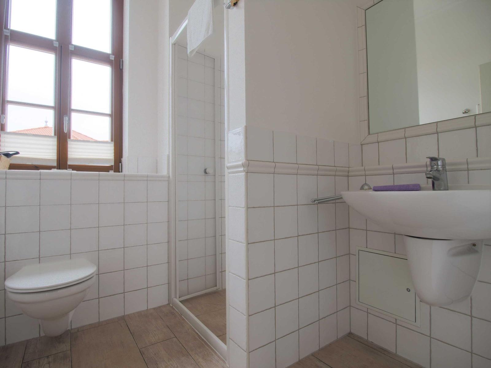 Badezimmer mit Toilette, Dusche und Waschbecken. Fenster mit Blick auf Dach.
