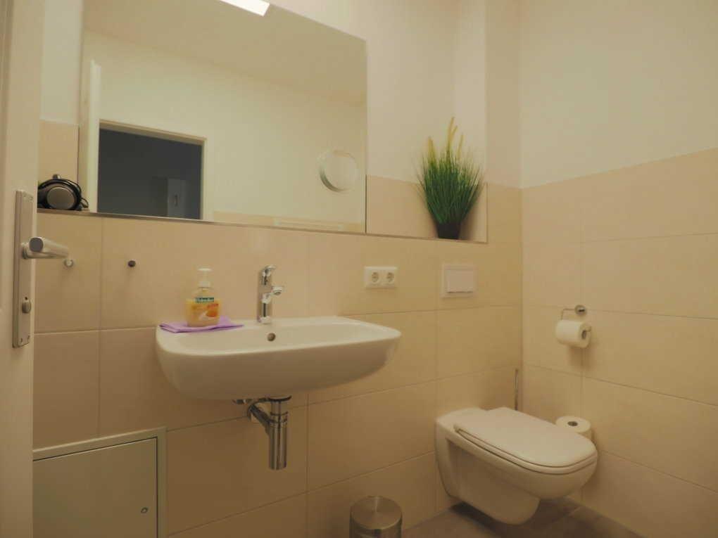 Badezimmer mit Waschbecken, Spiegel, Toilette und Pflanze an der Wand.