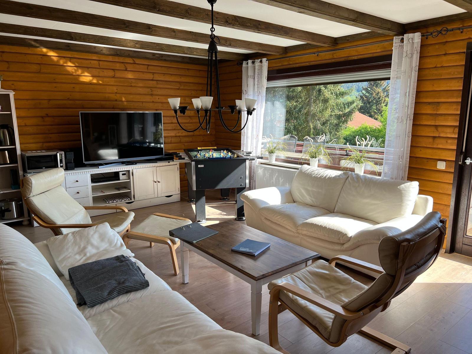 Living room with sofa, chairs, and TV. Wooden walls and large windows.