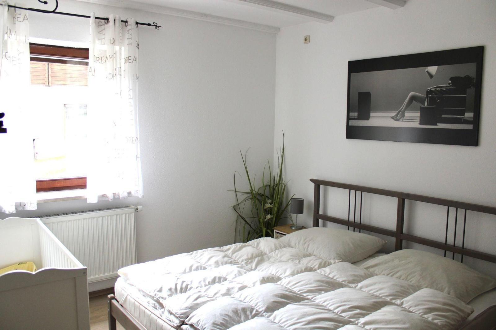 Bedroom with bed, window, plant, and wall art.