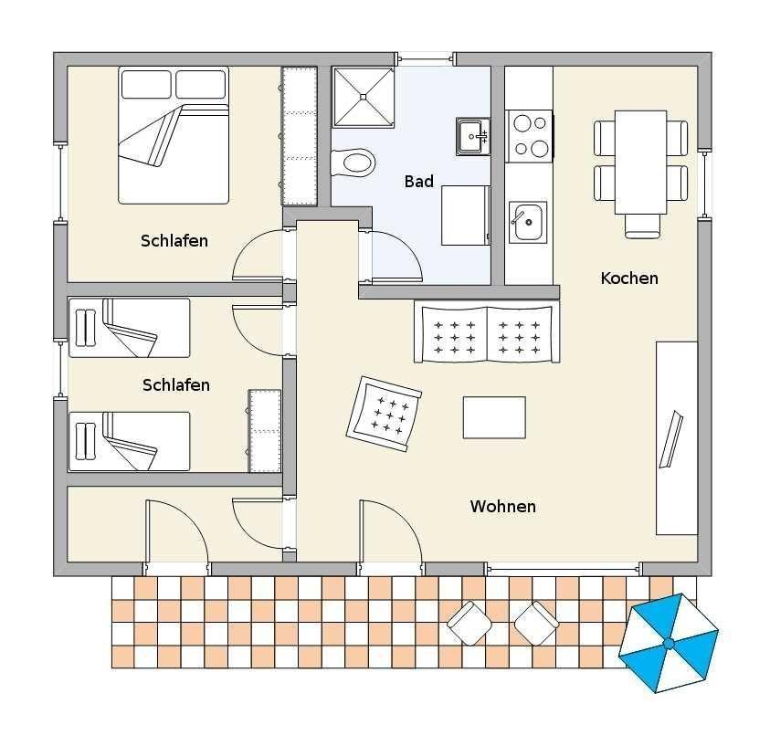 Two-room apartment with kitchen, bathroom, and terrace with sun umbrella.