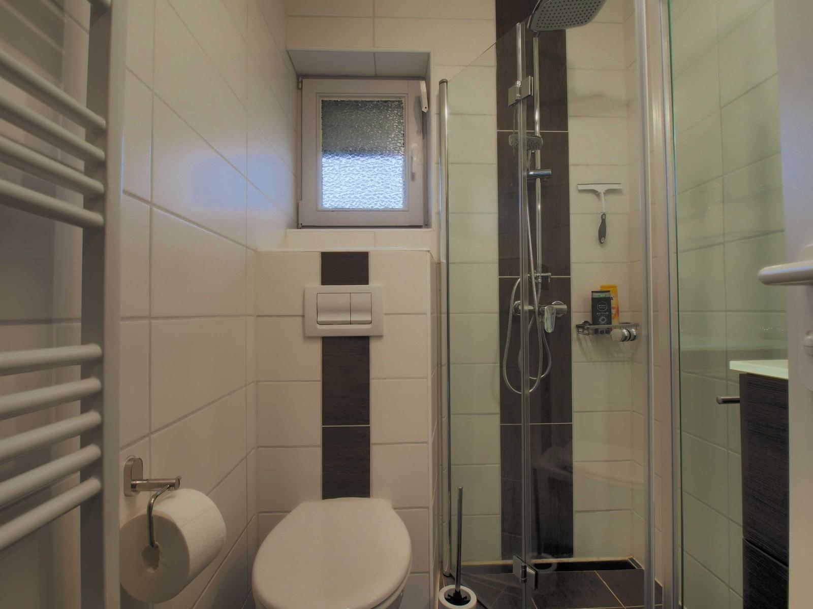 Bathroom with shower, toilet, and heater. Window with tinted glass.