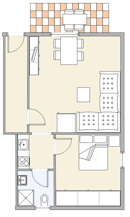 Apartment with bedroom, kitchen, and bathroom. Dining area and terrace available.