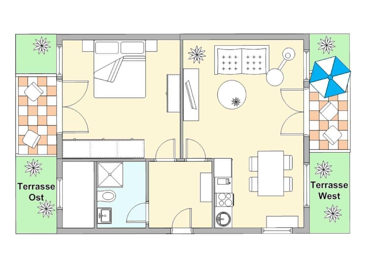 Wohnung mit Schlafzimmer, Küche, Bad und zwei Terrassen.