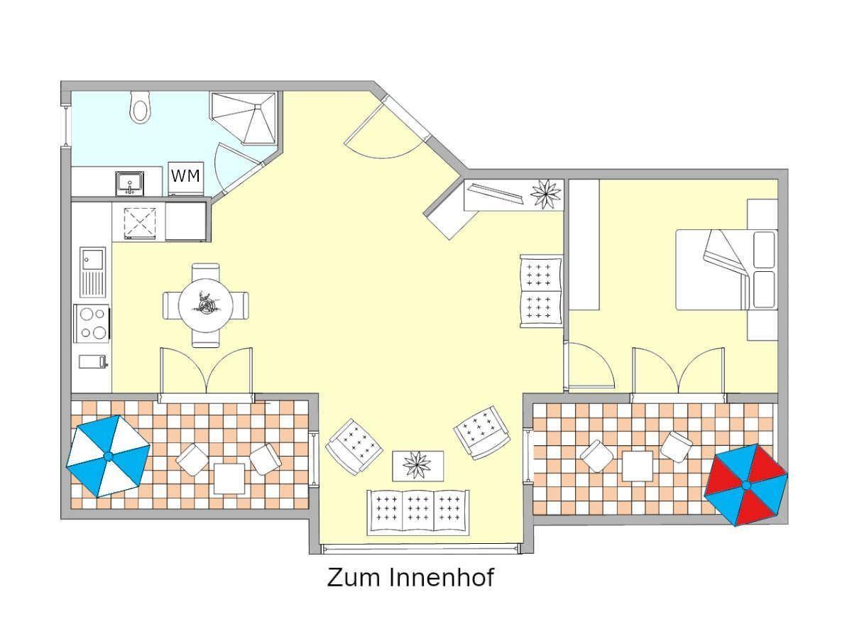 Wohnung mit Küche, Essbereich, Schlafzimmer und Bad. Zwei Terrassen mit Sonnenschirmen.