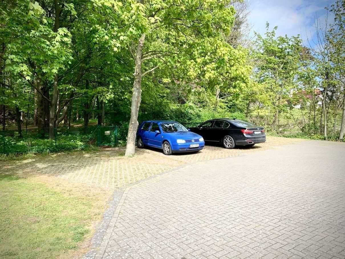 Zwei Autos parken auf einem gepflasterten Platz neben Bäumen.