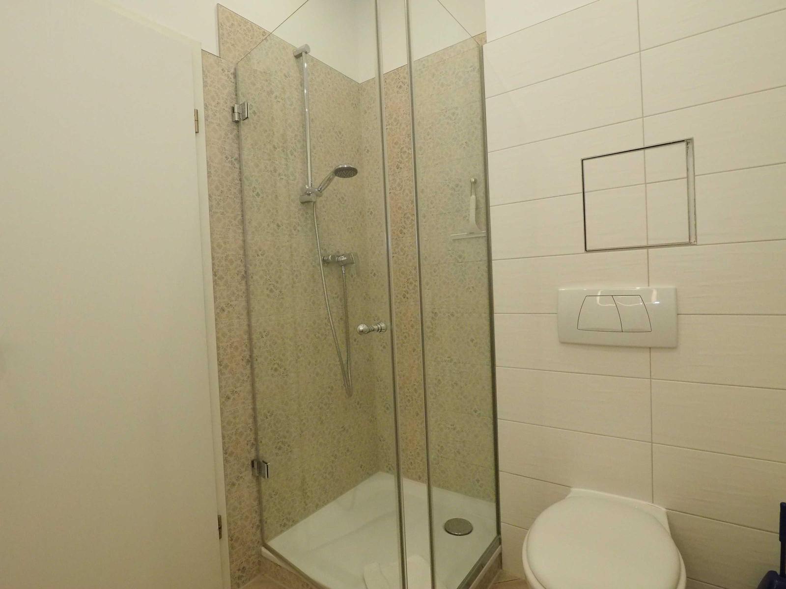 Dusche mit Glaswand, Toilette und Wandspiegel in Badezimmer.