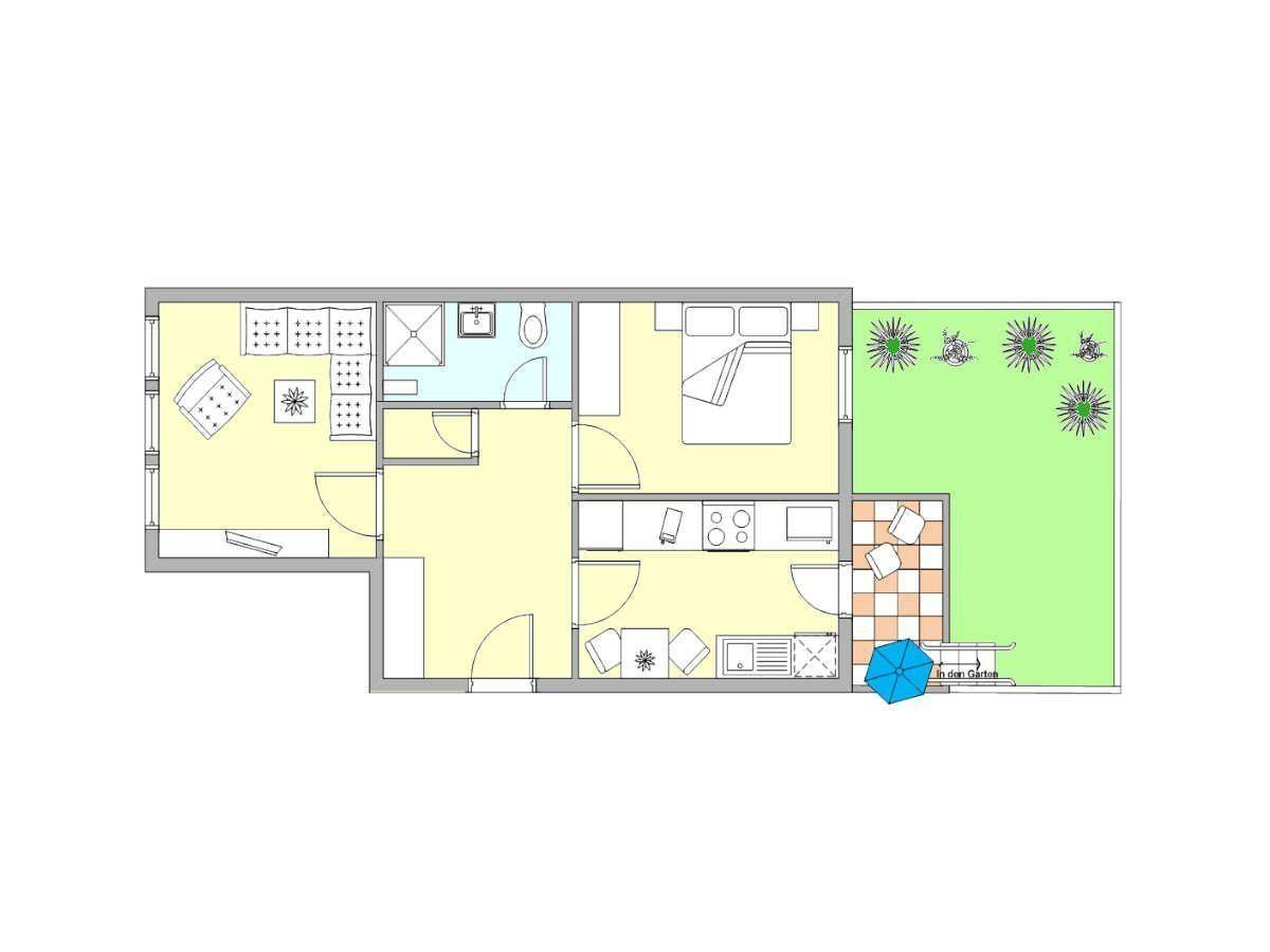 Dieses Apartment hat zwei Schlafzimmer, eine Küche, ein Bad und einen Garten mit Sonnenschirm.