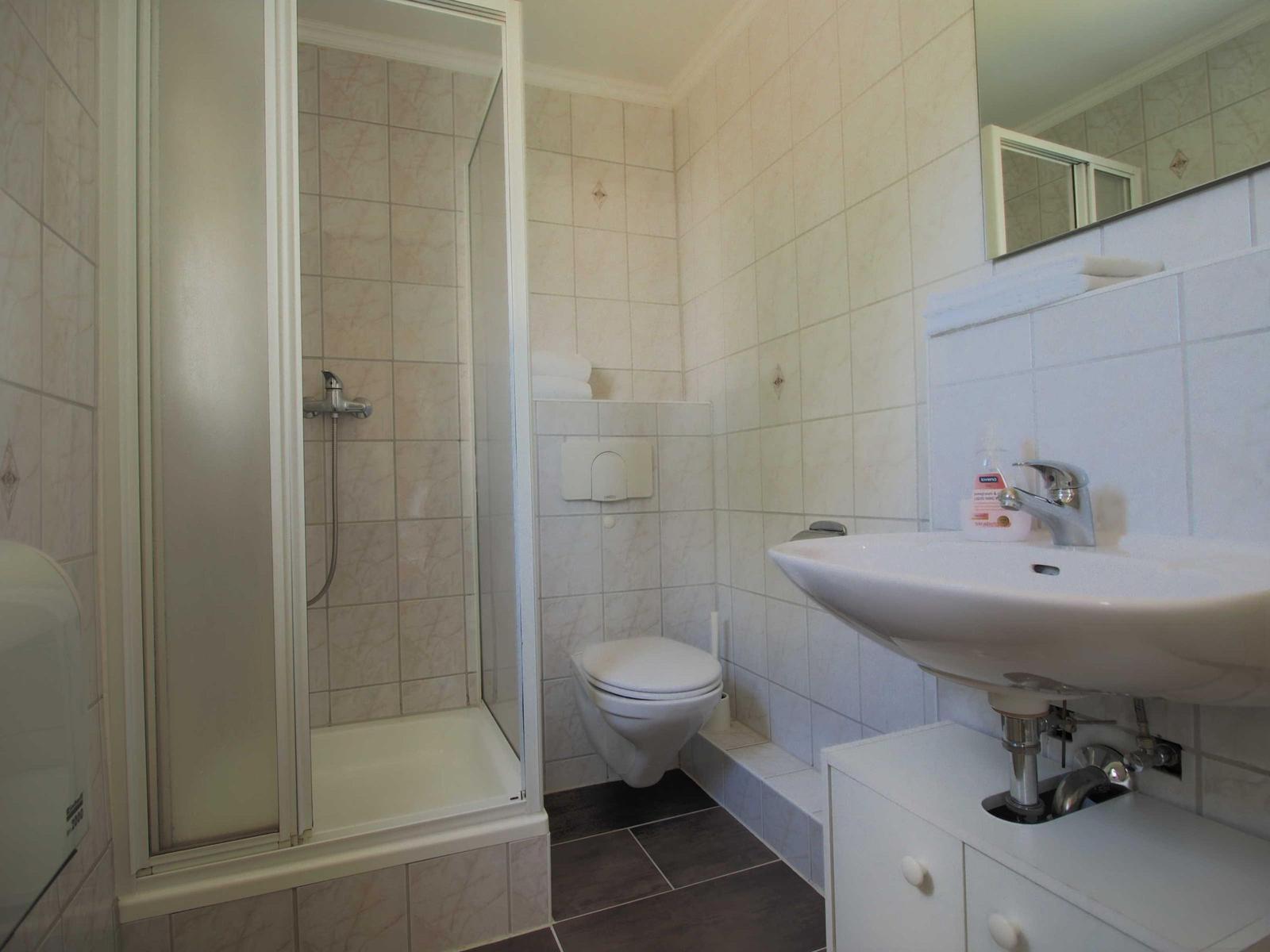 Badezimmer mit Dusche, WC und Waschbecken mit Spiegel