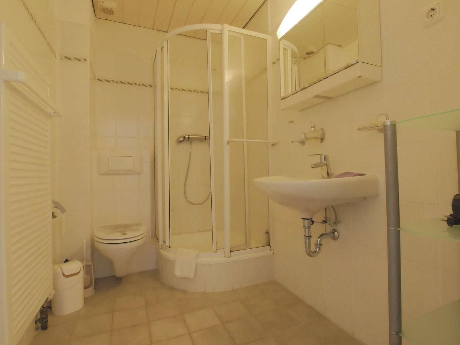 Badezimmer mit Dusche, Waschbecken und Toilette. Weiße Fliesen und Spiegelkabinett.