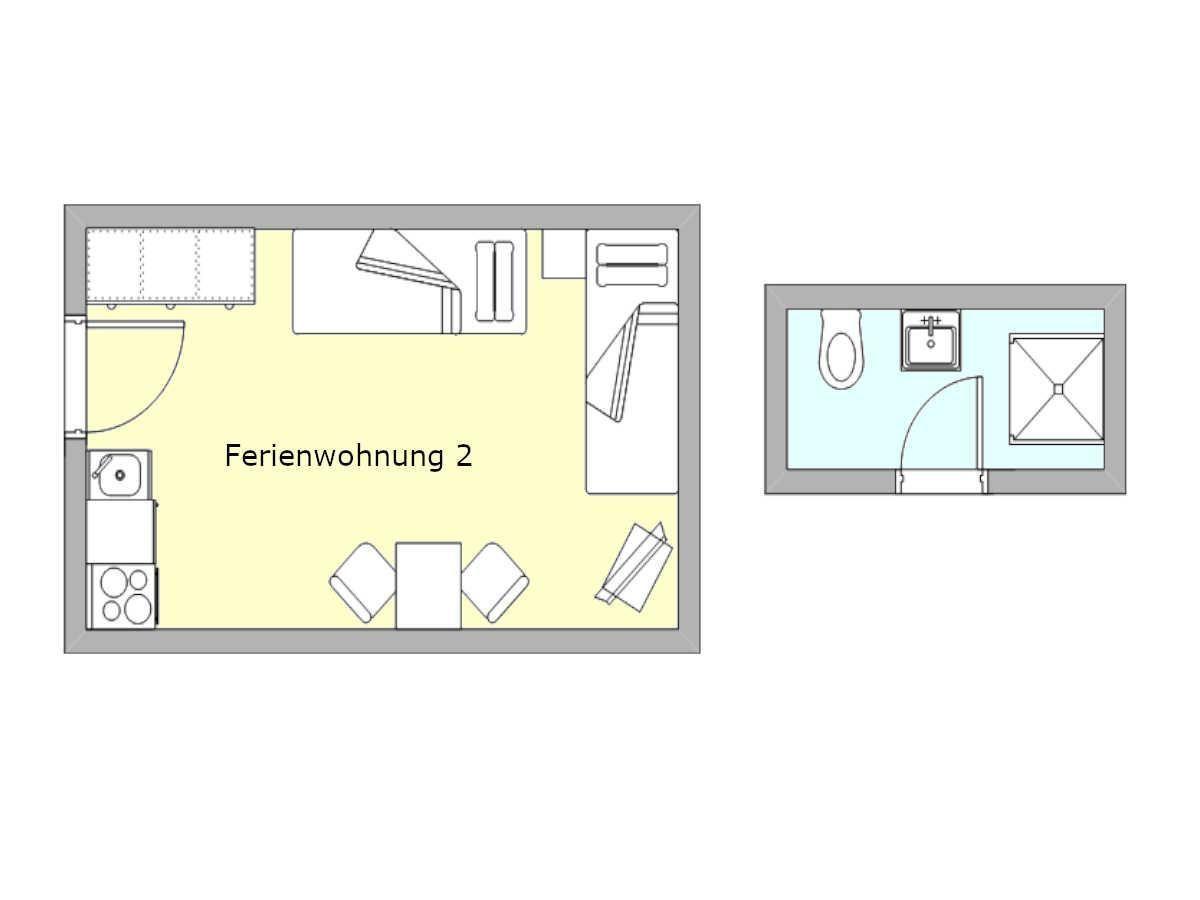 Ferienwohnung 2 mit Küche, Schlafbereich und Bad. Raumplan zeigt Möbel und Sanitäreinrichtungen.