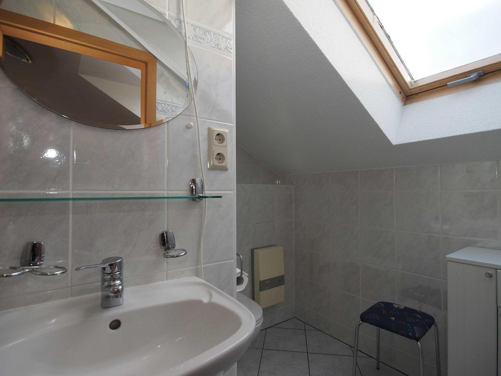 Badezimmer mit Dusche, Waschbecken und Dachfenster