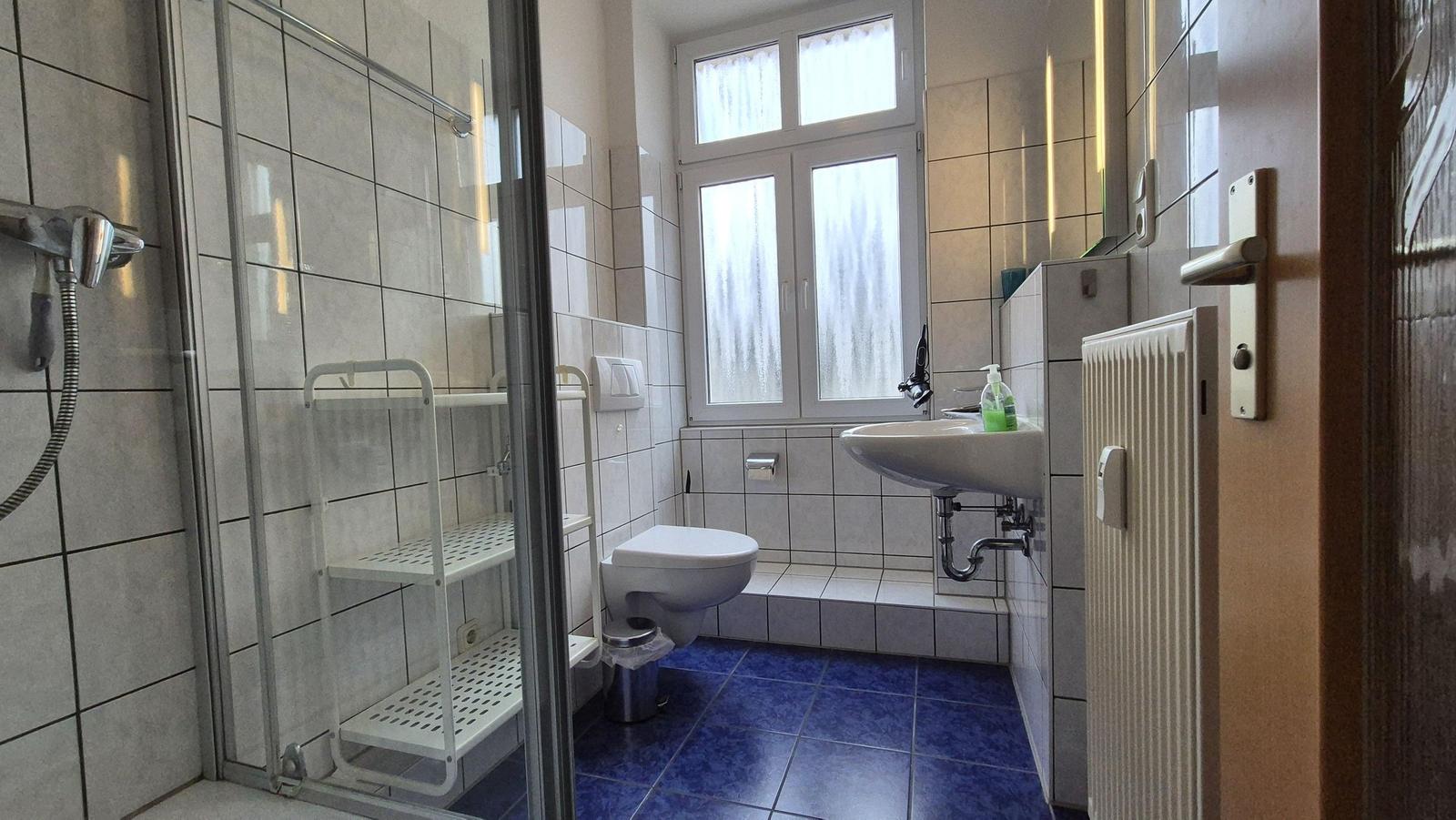 Badezimmer mit Dusche, Toilette und Waschbecken. Blaue Bodenfliesen und Fenster mit Vorhängen.