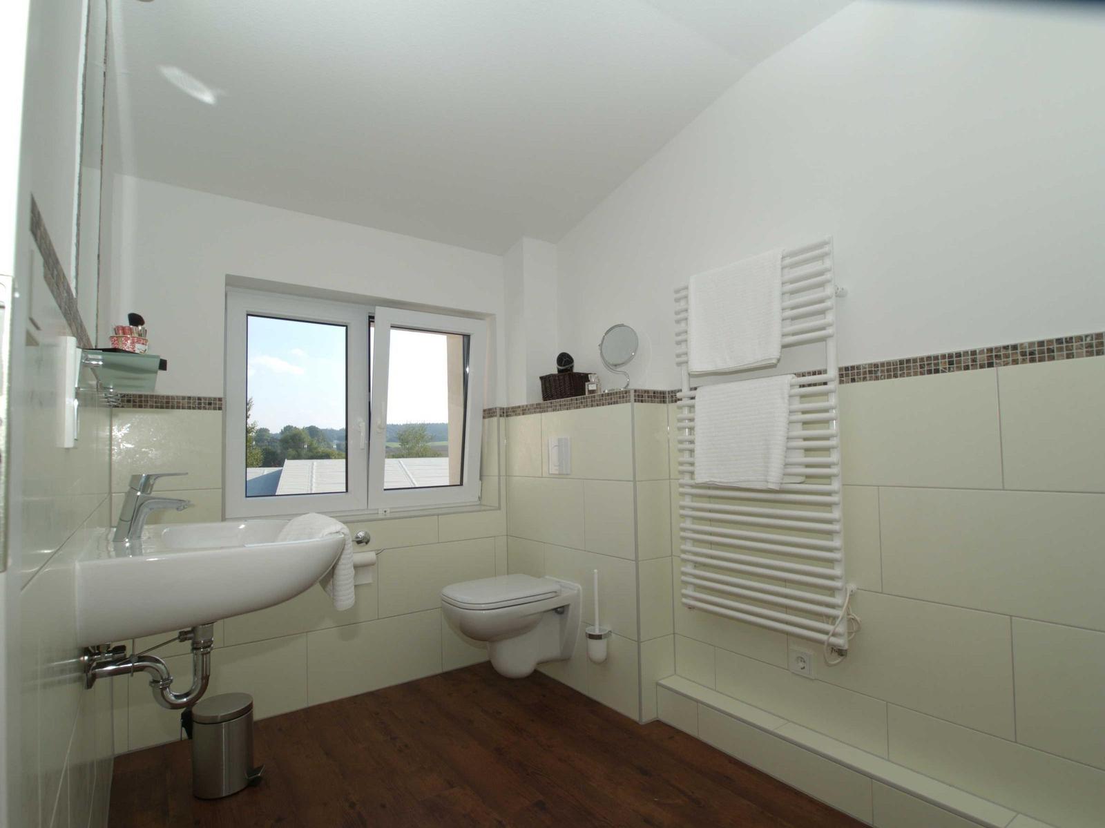 Badezimmer mit Waschbecken, WC und Heizung. Fenster mit Blick auf Landschaft.