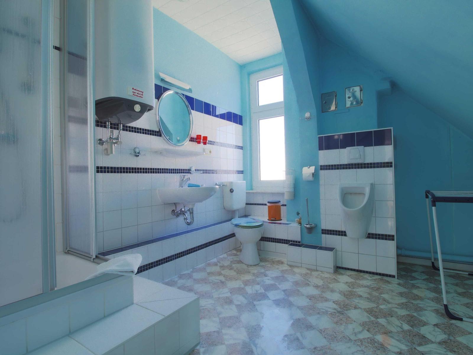 Badezimmer mit Dusche, Waschbecken, Toilette und Urinal. Blaue Wände und Fliesenboden.