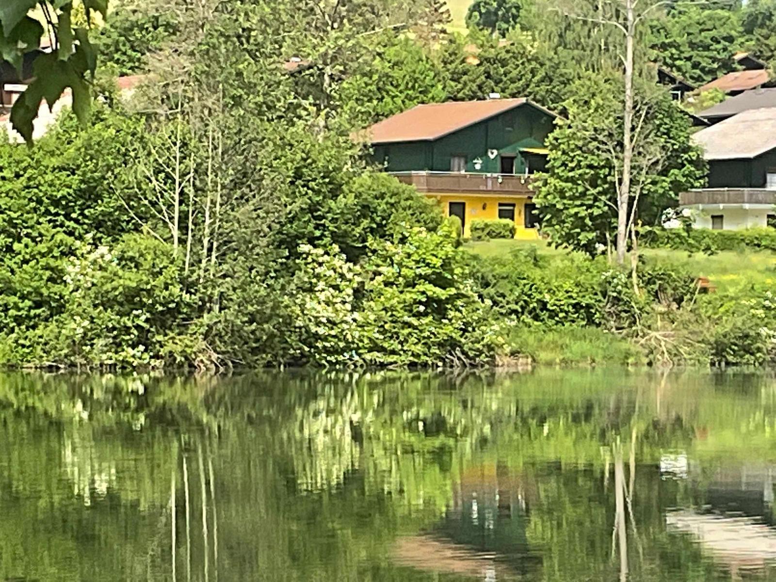 A house with a yellow lower section and green roof stands by a lake, surrounded by trees.