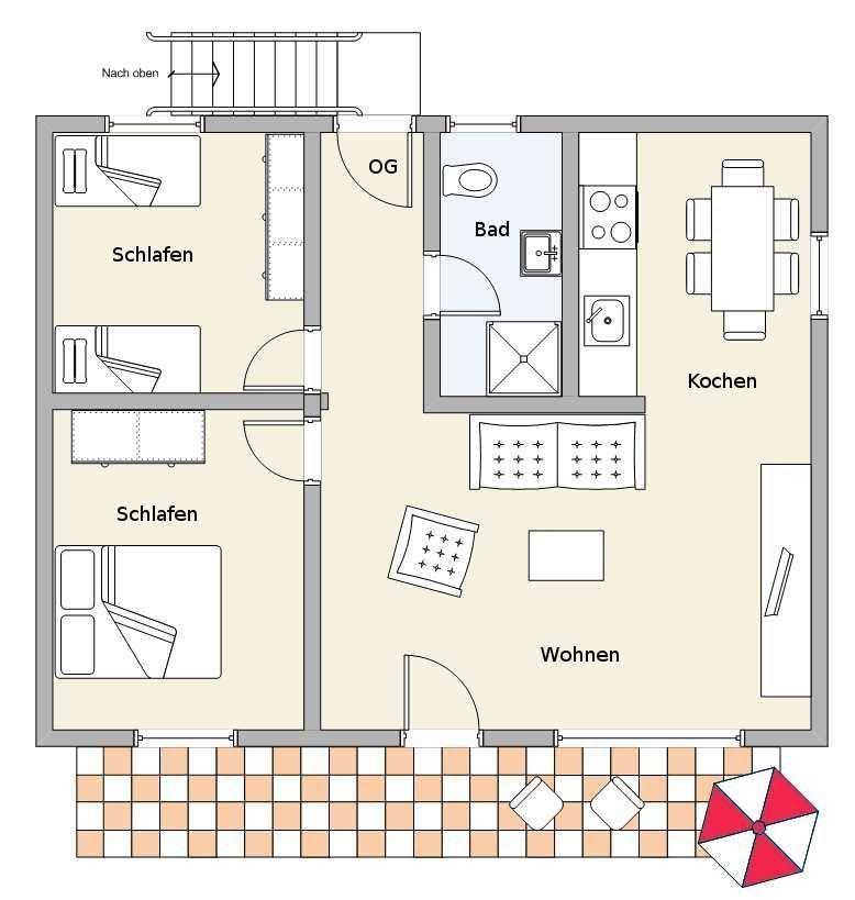 Three bedrooms, kitchen, bathroom, and living area with terrace and sun umbrella.