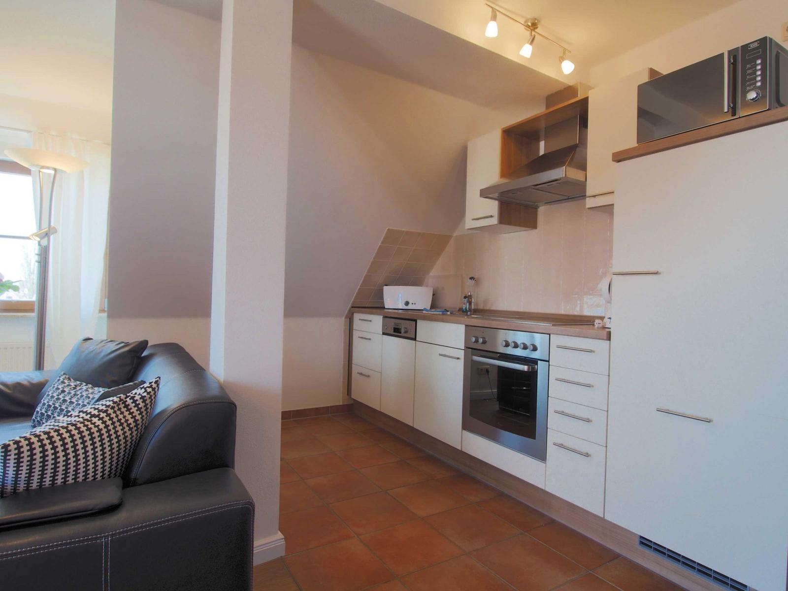 Küche mit Edelstahlherd, Kühlschrank und Mikrowelle. Links Wohnbereich mit Sofa.