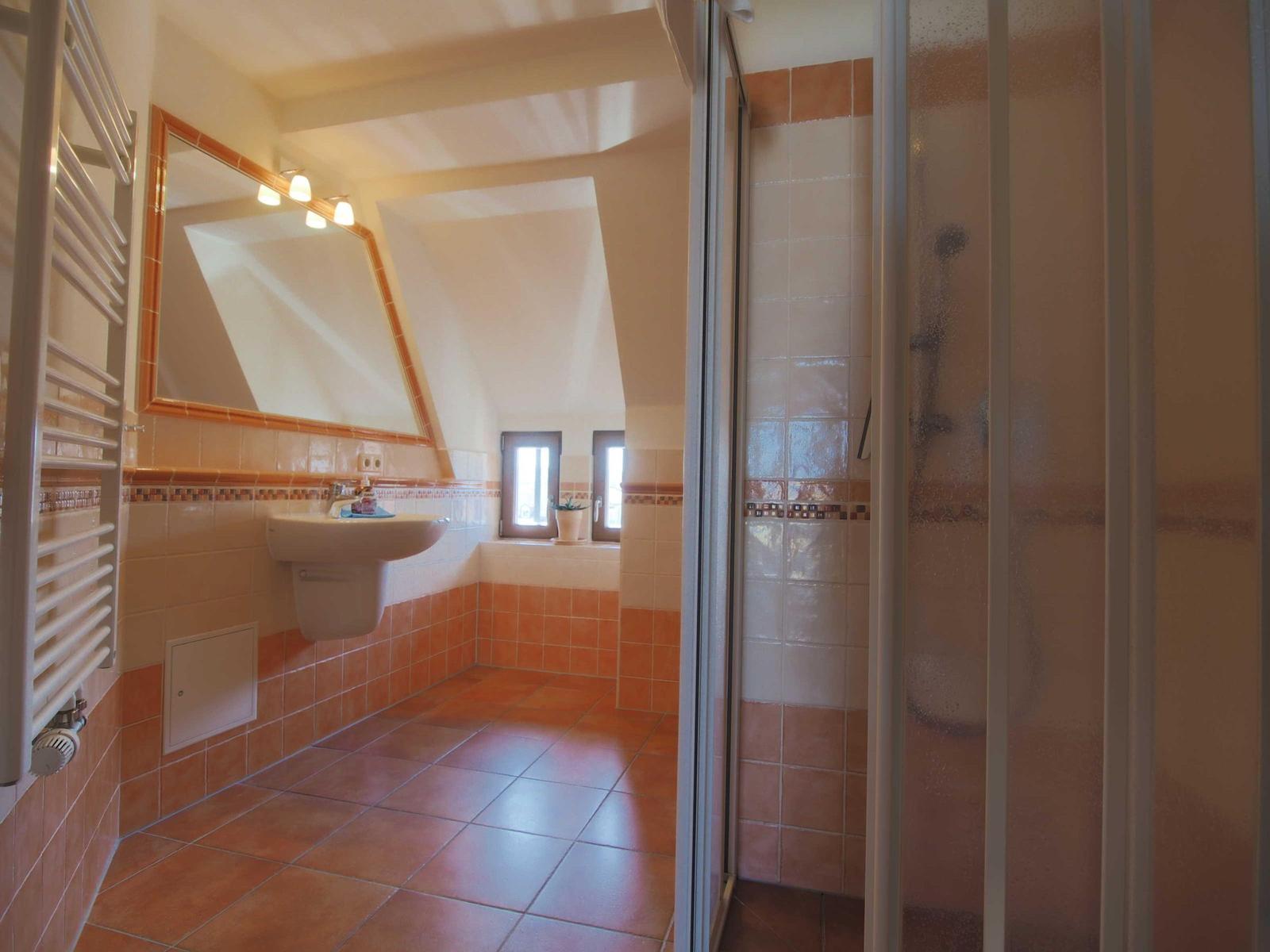 Badezimmer mit Dusche, Waschbecken und Heizung. Holzfenster und Kacheln.
