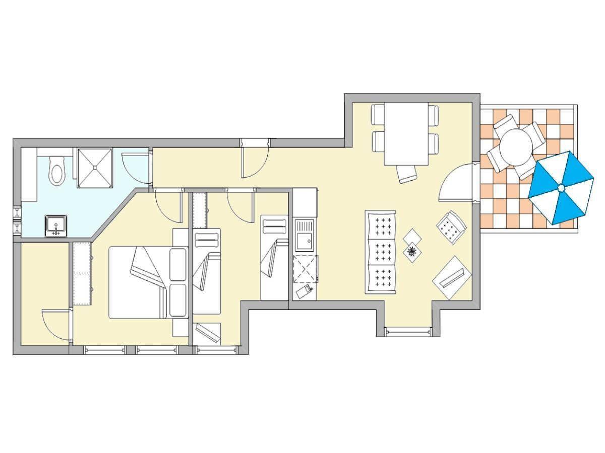 Wohnung mit Schlafzimmer, Küche, Bad und Terrasse mit Sonnenschirm.
