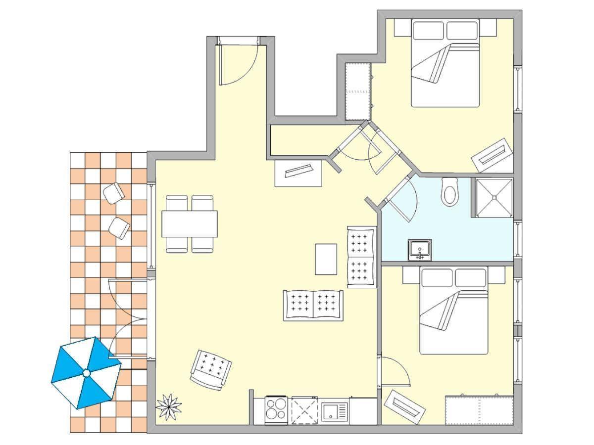 Wohnung mit zwei Schlafzimmern, Küche, Bad und Balkon mit Sonnenschirm.