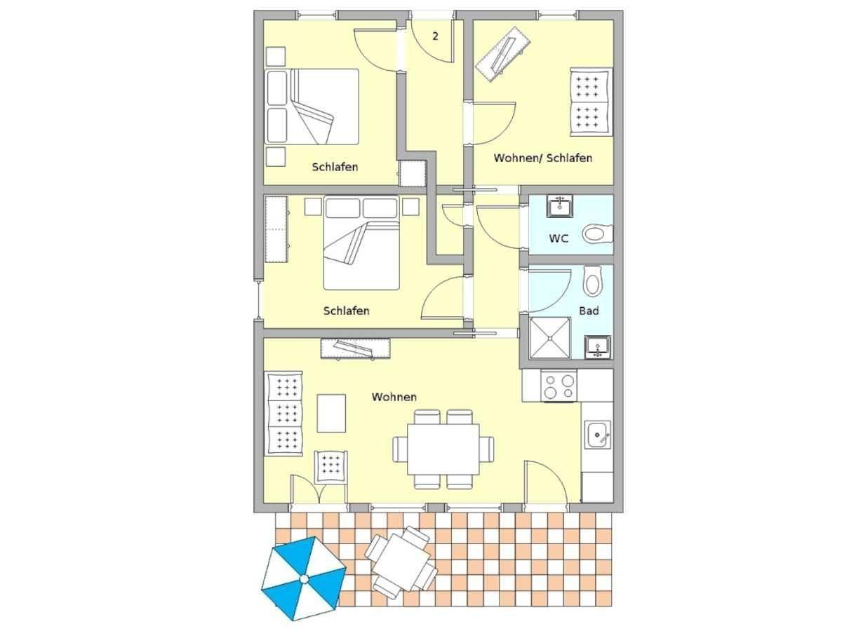 Wohnung mit zwei Schlafzimmern, Wohnbereich, Bad und WC. Außenbereich mit Tisch und Sonnenschirm.