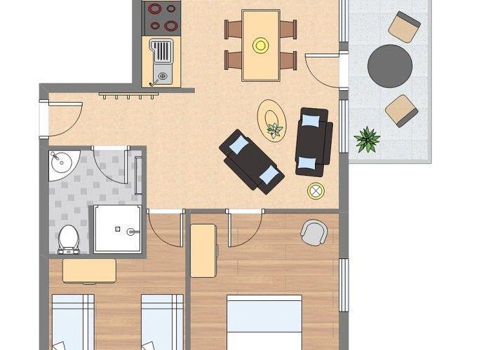 Wohnung mit Küche, Essbereich, Wohnzimmer, Schlafzimmer und Bad.