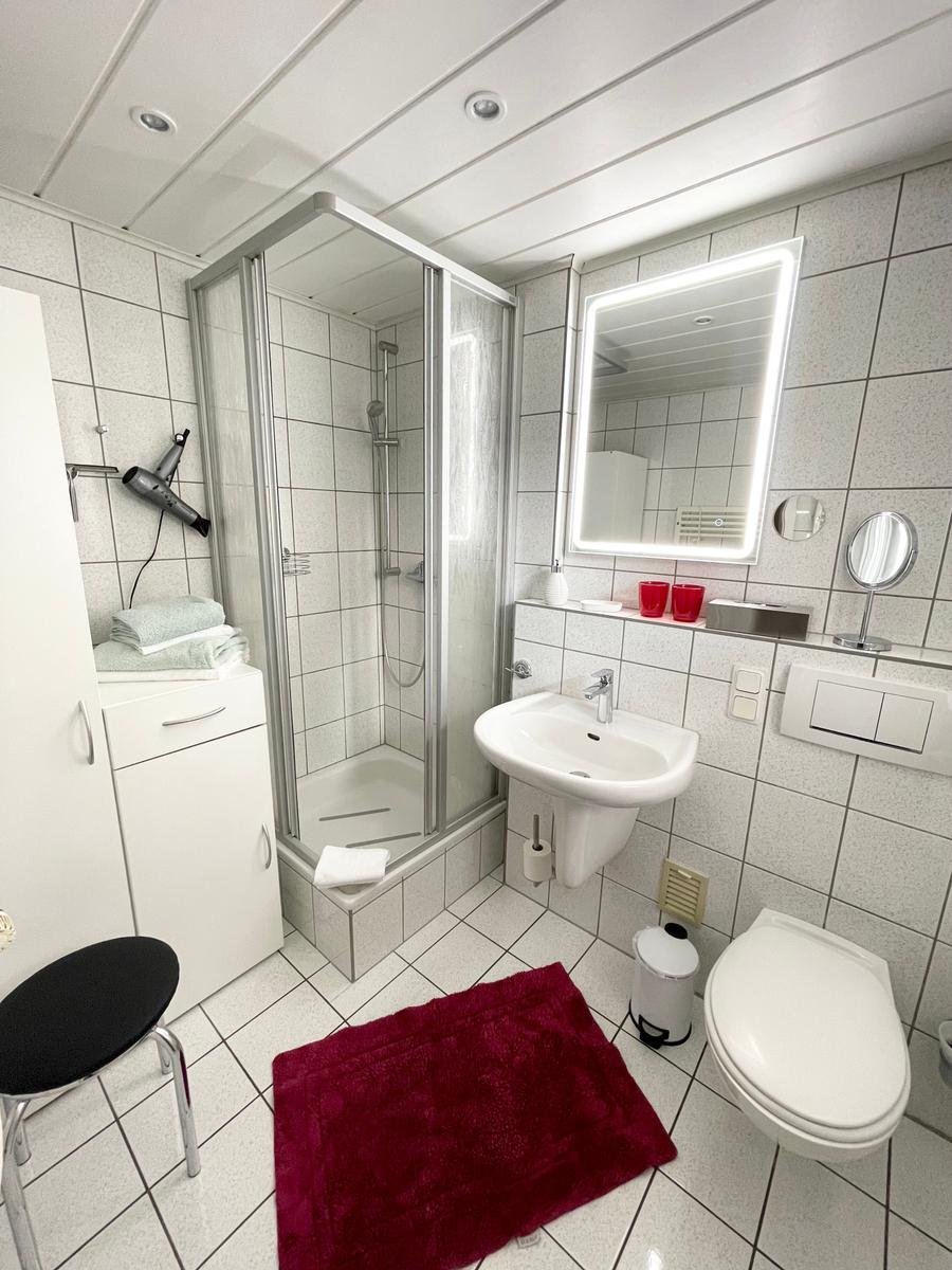 Helles Badezimmer mit Fenster, Dusche, WC, Föhn und Kosmetikspiegel.  Im Badschrank ist Platz für Ihre mitgebrachten Kosmetikartikel.