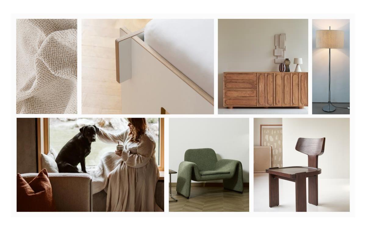 Modern furniture and textiles in a stylish living space with window view and pet.