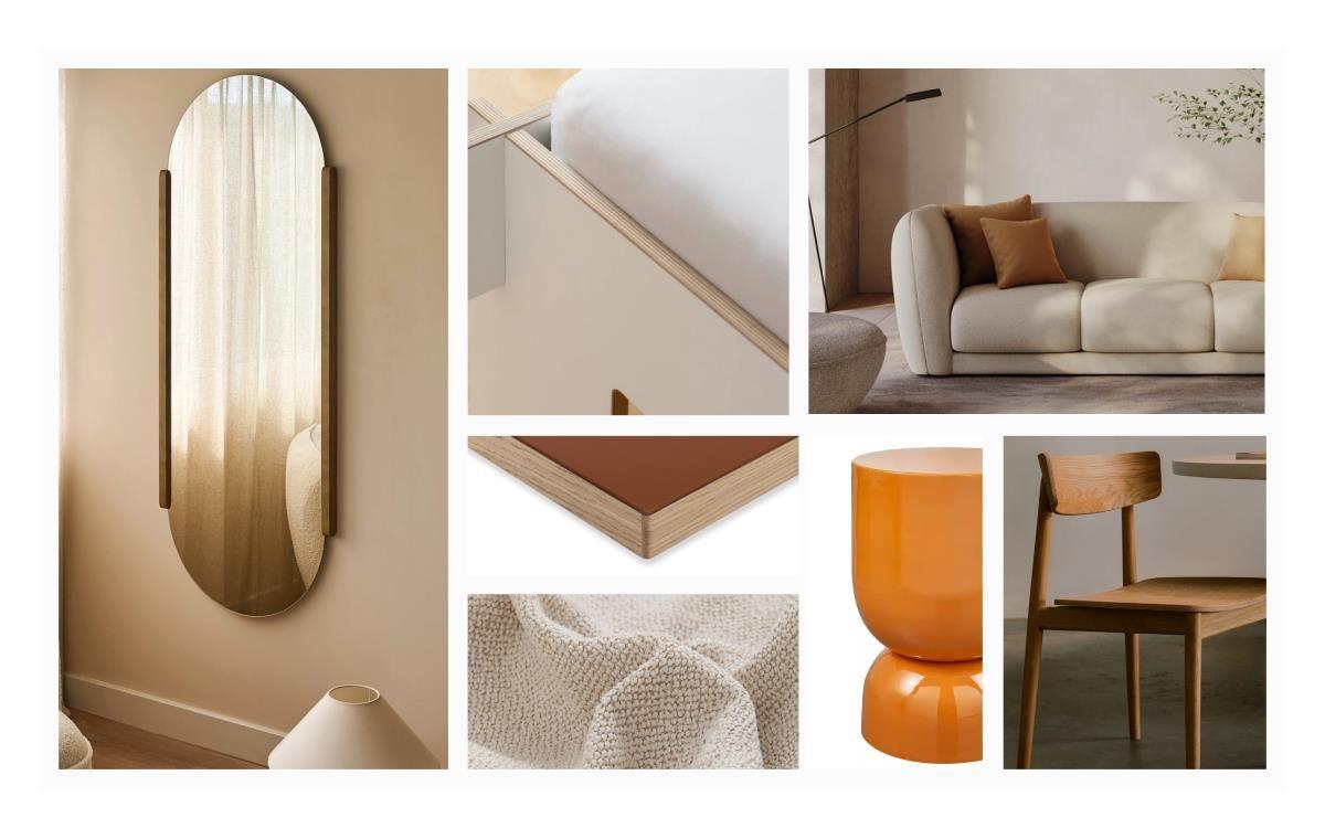 Modern furnishings including mirror, sofa, chair, and decorative elements.