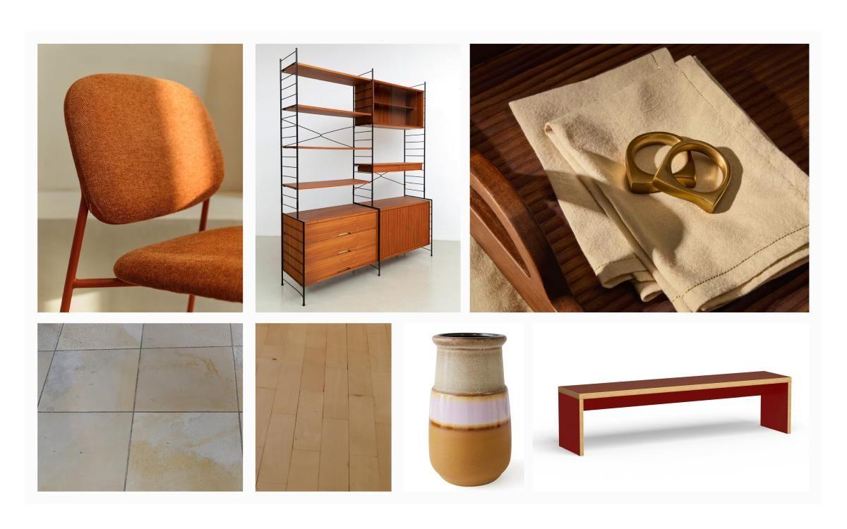 Orange seating, wooden shelving, table with cloth and decor, tile floor, hardwood flooring, vases and bench.