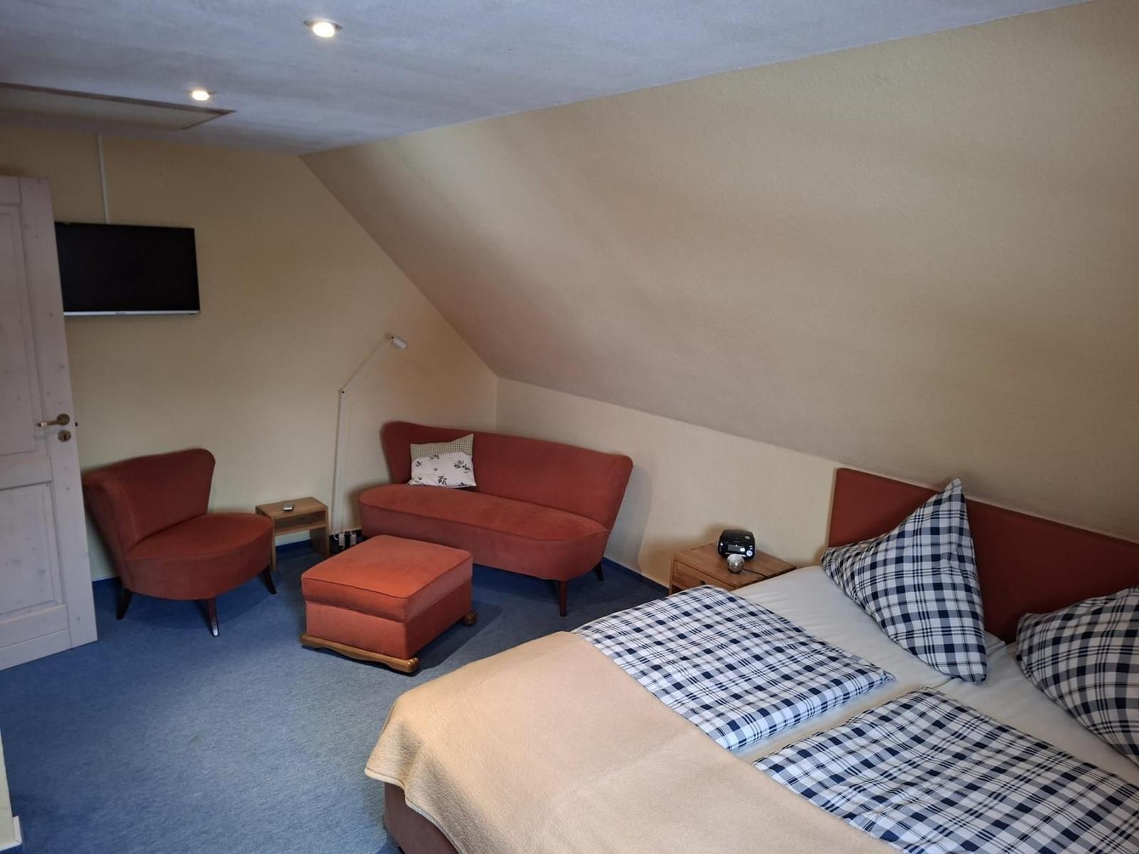 Schlafzimmer mit Bett, Sofa, Sessel und Fernseher an der Wand.