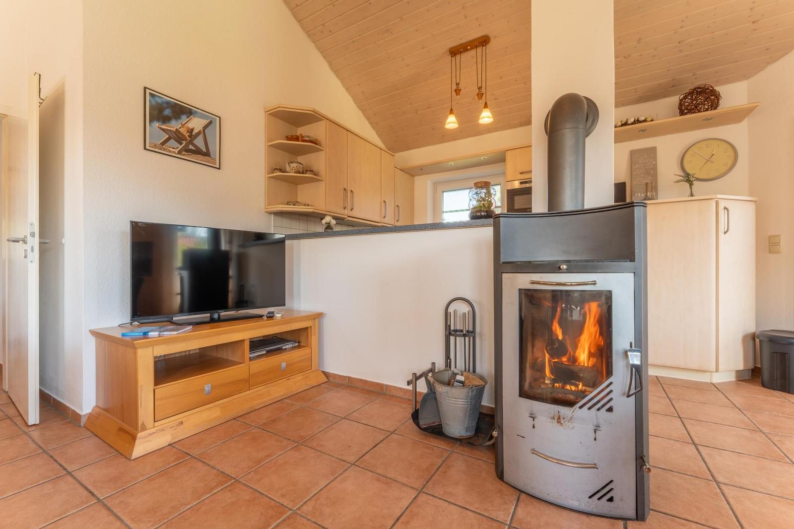 Wohnbereich mit Kaminofen, Fernseher und Küchenzeile im Hintergrund.