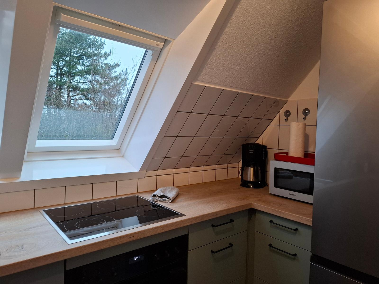 Küche mit Ceranfeld und Mikrowelle