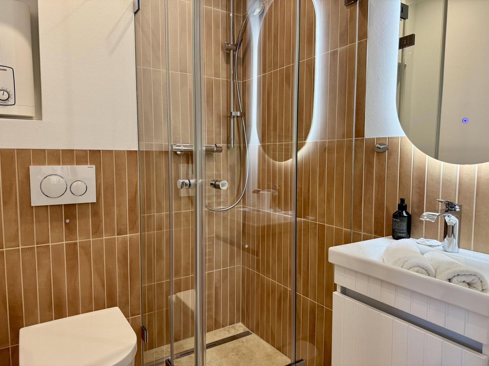 Badezimmer mit Dusche, Waschbecken und Toilette. Holzfliesen und Spiegel.