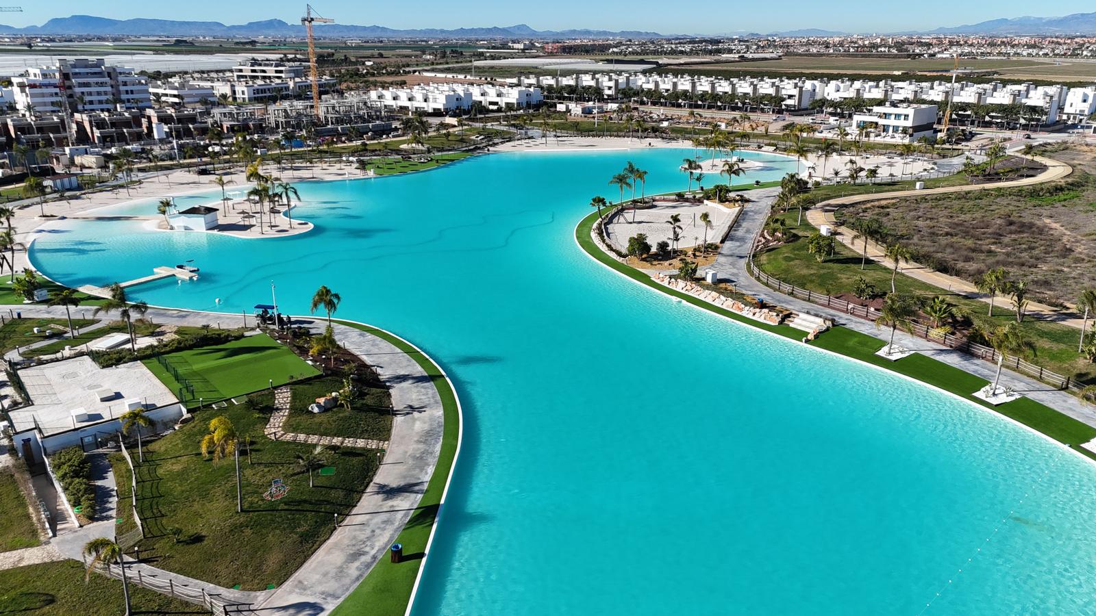 Large pool surrounded by palm trees and green areas