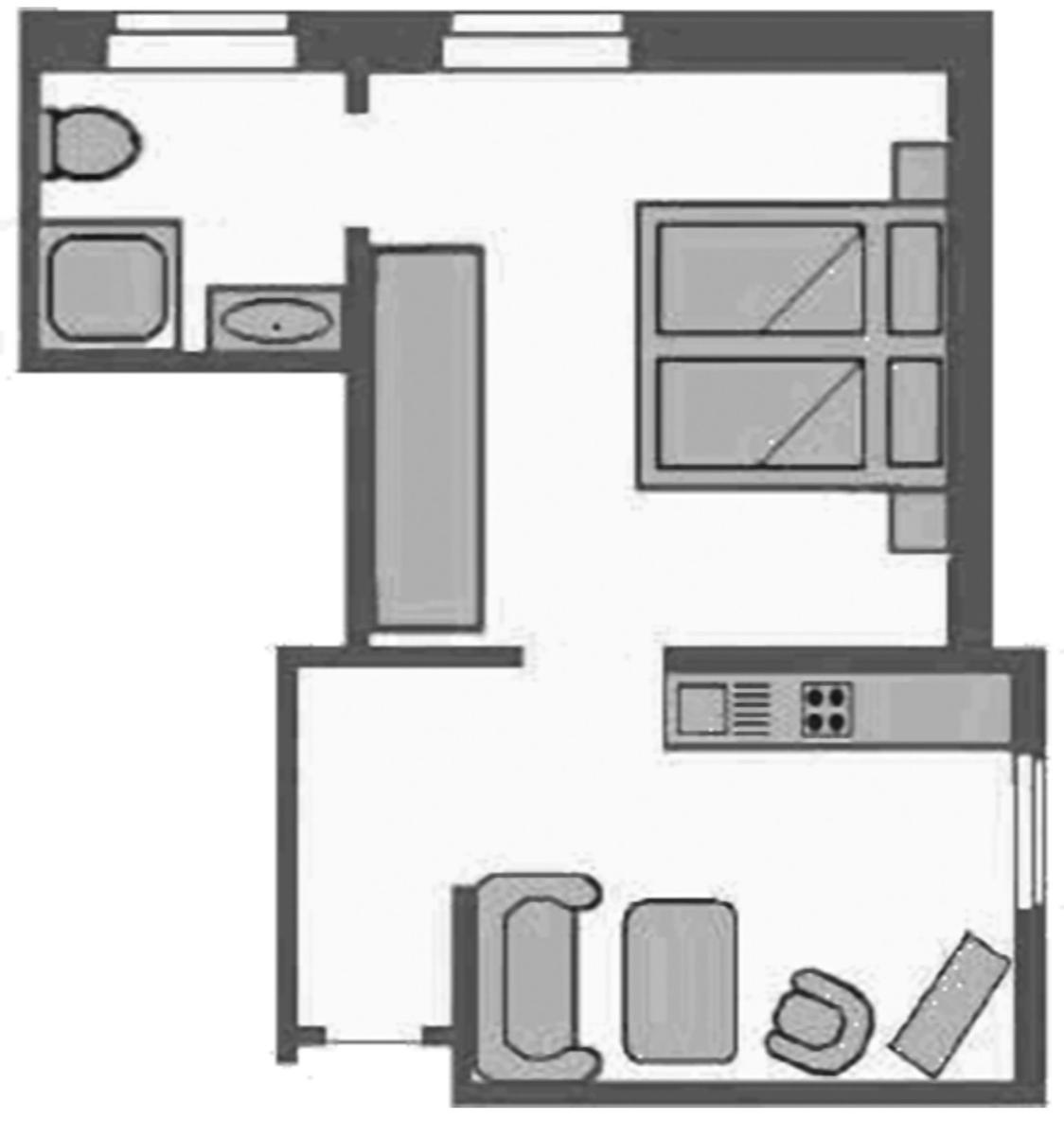 Wohnung mit Küche, Bad und Schlafbereich. Fenster und Küchengeräte sichtbar.