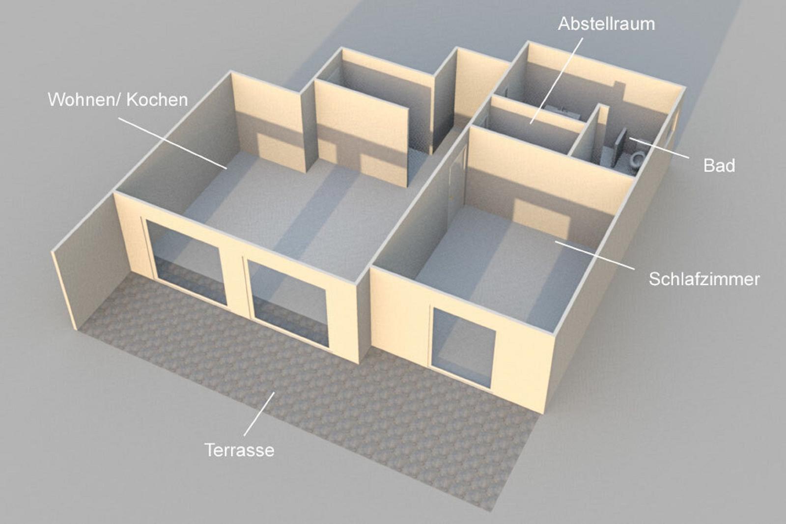 Wohnen/Kochen, Schlafzimmer, Bad, Abstellraum und Terrasse sind im Grundriss dargestellt.